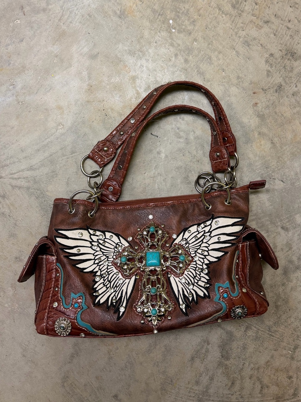 Embellished Brown Winged Cross Shoulder Bag with Turquoise Accents